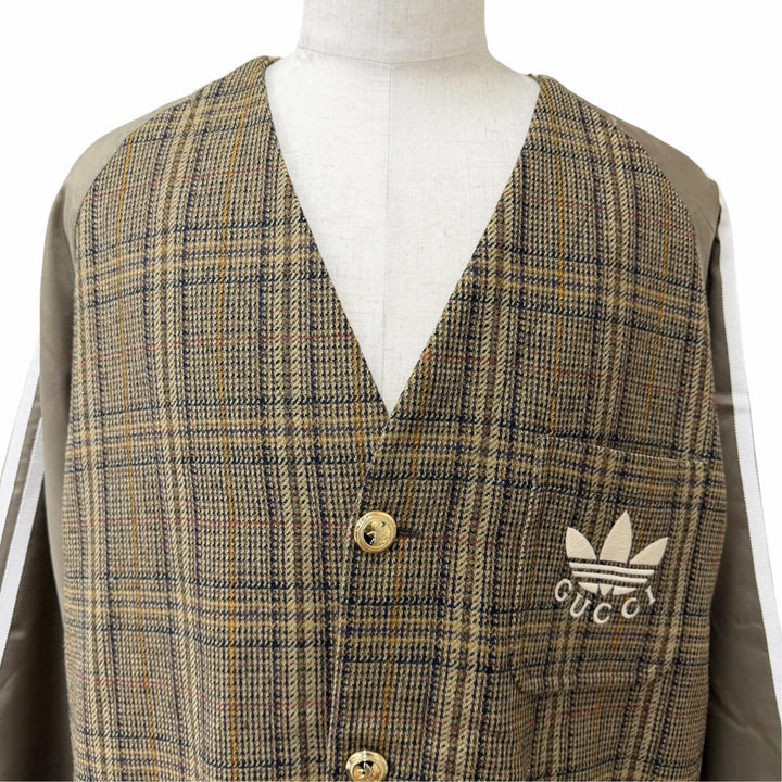 Excellent GUCCI adidas coat Three-stripe nylon panel collarless Brown wool 46