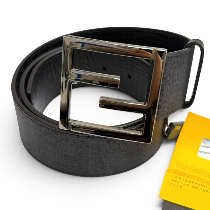 Excellent FENDI belt ZUCCA Pattern FF Logo Buckle black leather mens