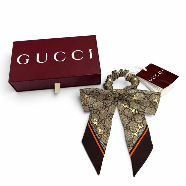 Pristine GUCCI Shush GG Pattern Horsebit Ribbon beige silk Women 770292