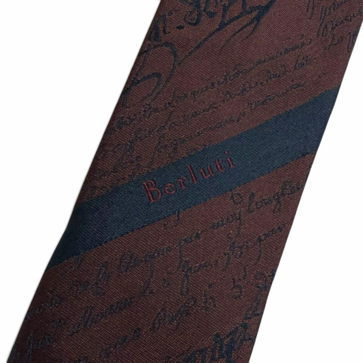 Excellent Berluti tie Calligraphy Scritto all-over pattern Red brown silk mens