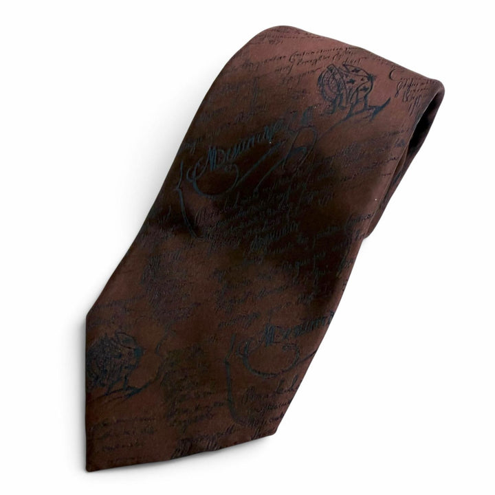 Excellent Berluti tie Calligraphy Scritto all-over pattern Red brown silk mens
