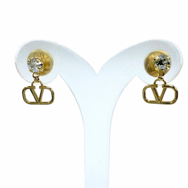 Pristine Valentino Garavani Pierce V Logo Signature Metal Crystal Earrings gold