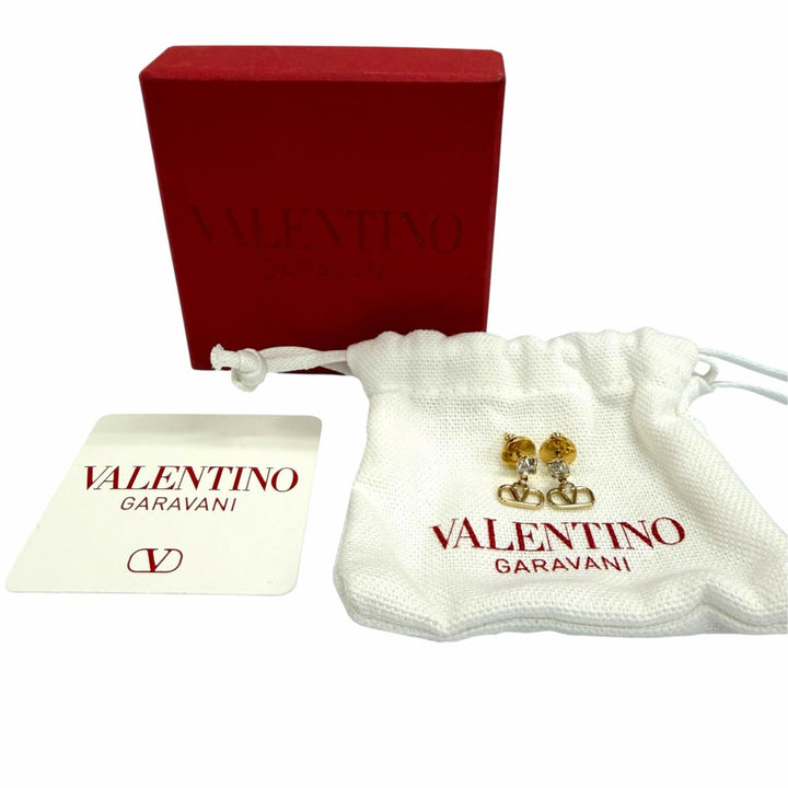 Pristine Valentino Garavani Pierce V Logo Signature Metal Crystal Earrings gold