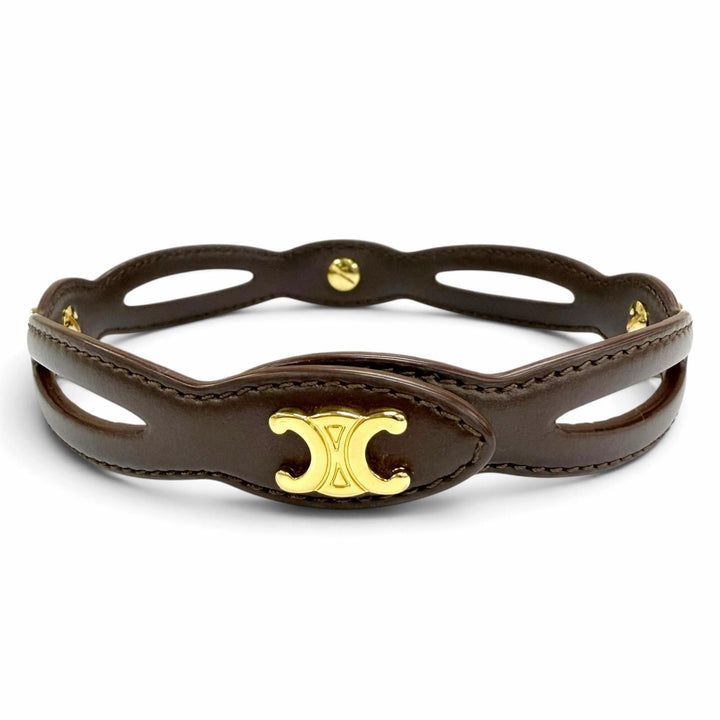 Excellent CELINE choker Triomphe Metal Leather Necklace Brown leather Women