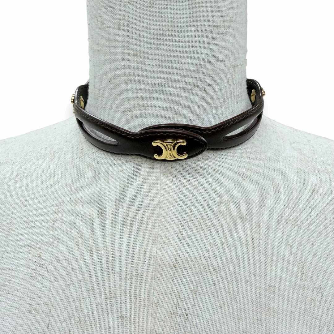 Excellent CELINE choker Triomphe Metal Leather Necklace Brown leather Women