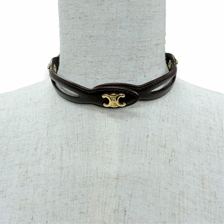 Excellent CELINE choker Triomphe Metal Leather Necklace Brown leather Women