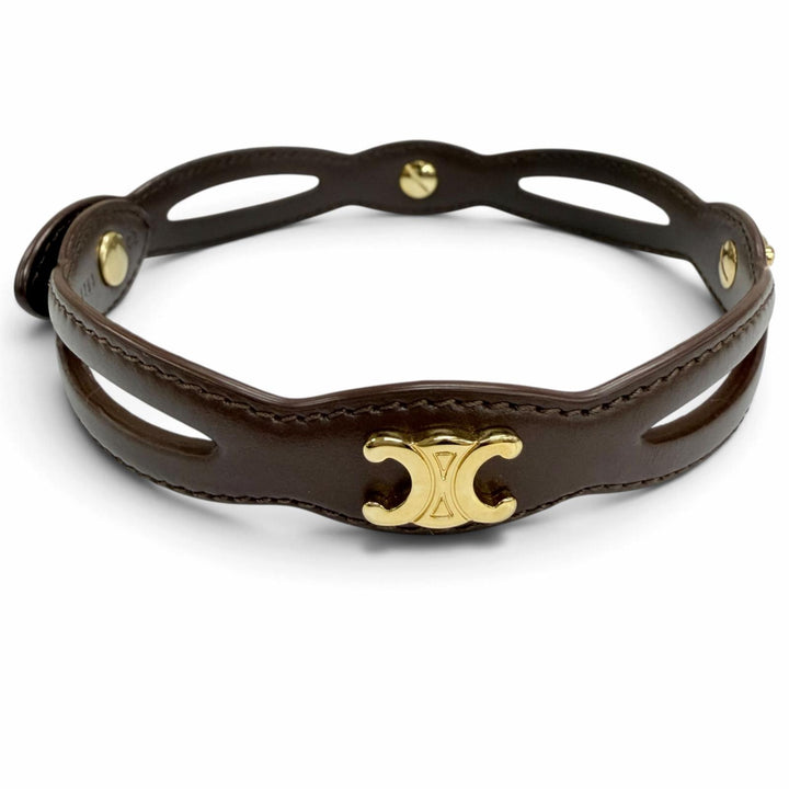 Excellent CELINE choker Triomphe Metal Leather Necklace Brown leather Women