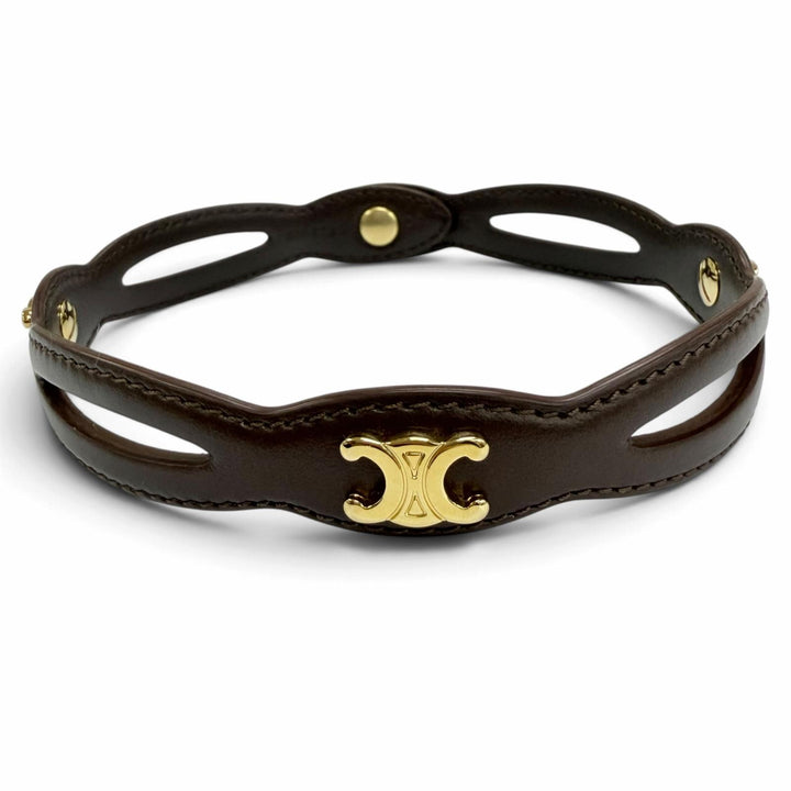 Excellent CELINE choker Triomphe Metal Leather Necklace Brown leather Women