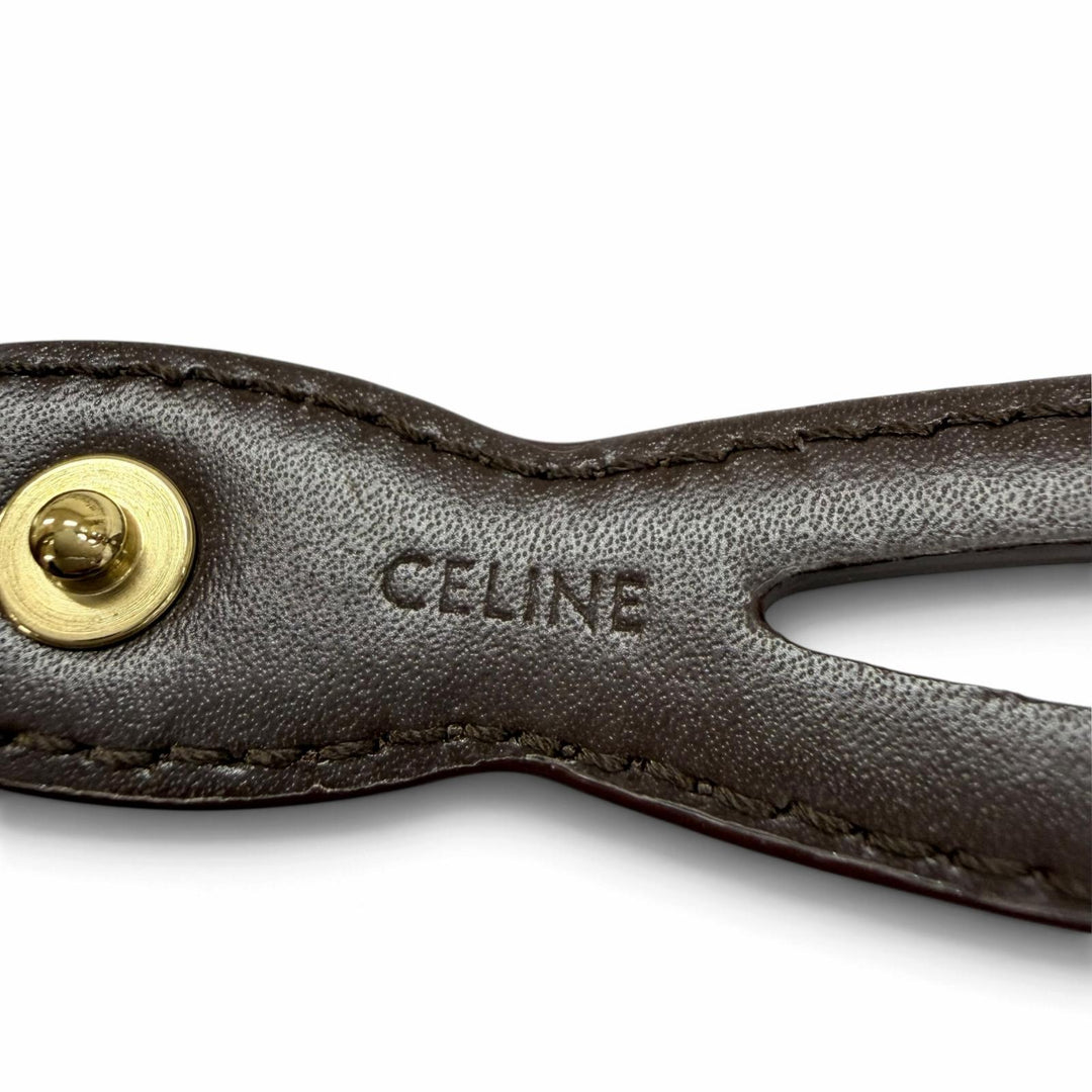 Excellent CELINE choker Triomphe Metal Leather Necklace Brown leather Women