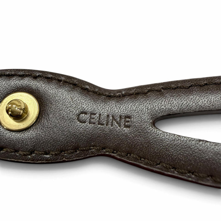 Excellent CELINE choker Triomphe Metal Leather Necklace Brown leather Women