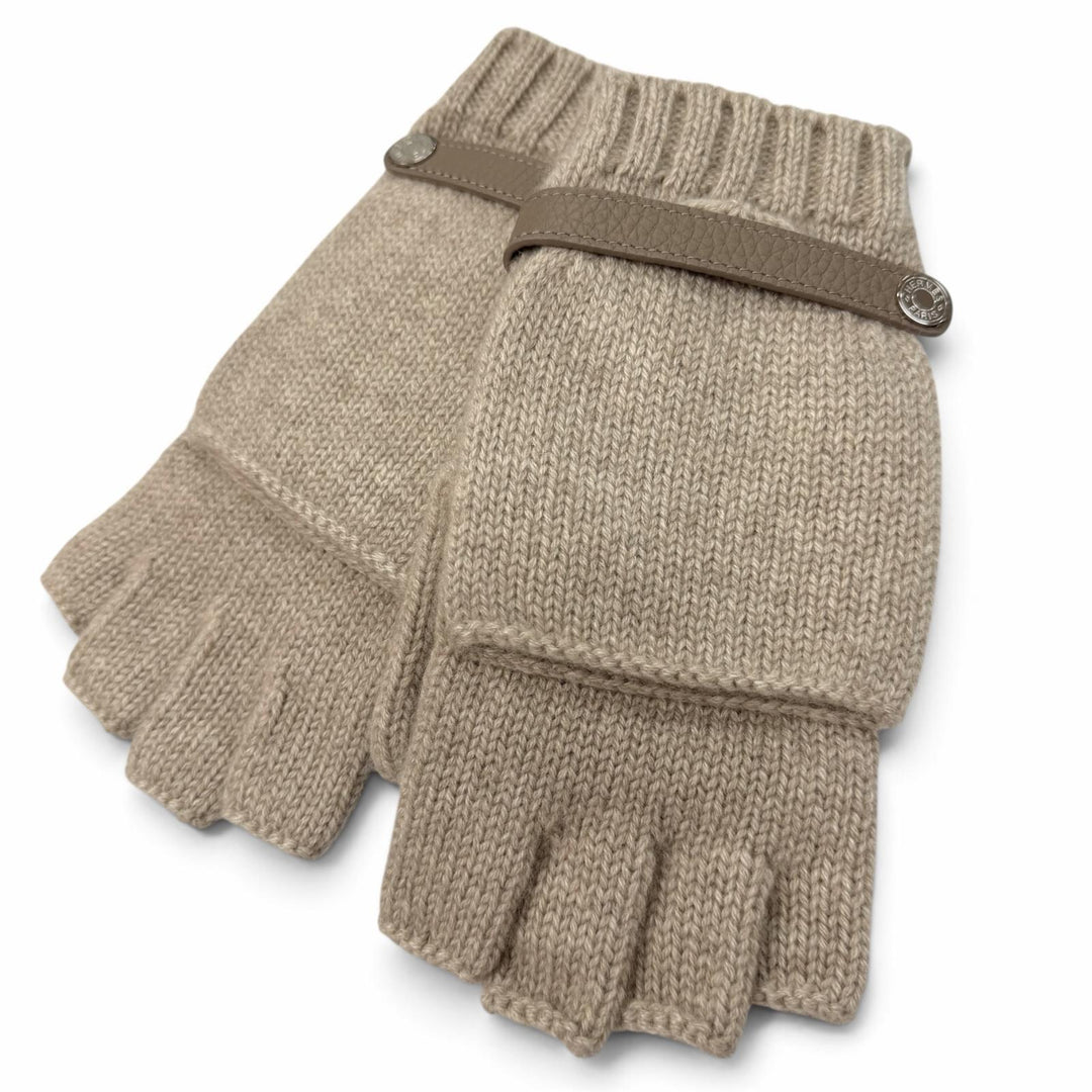 Pristine HERMES gloves Lionel 2-Way Clou de Selle Sellier Button beige cashmere