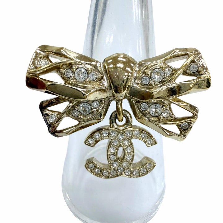 Excellent CHANEL Ring ring COCO Mark Ribbon Rhinestone gold Women B24B