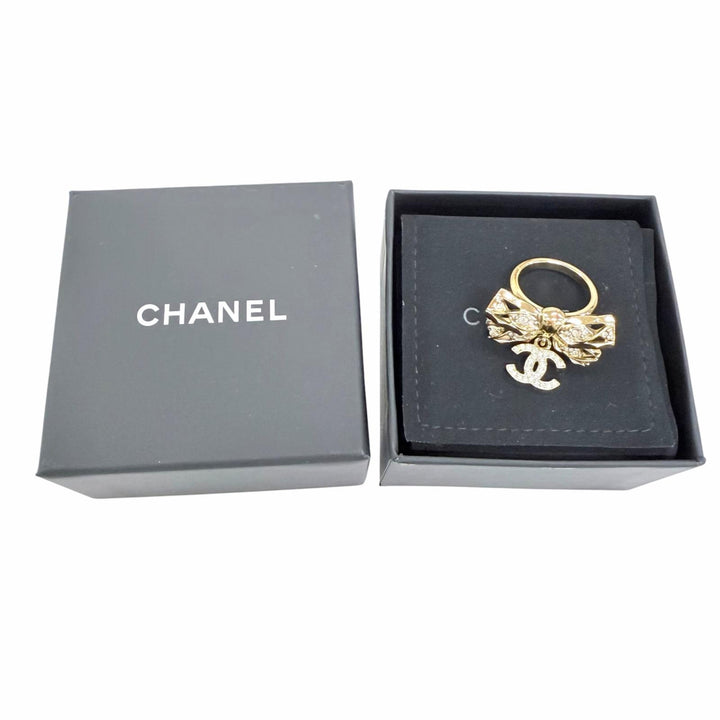 Excellent CHANEL Ring ring COCO Mark Ribbon Rhinestone gold Women B24B
