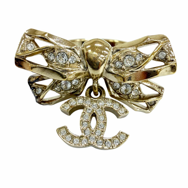 Excellent CHANEL Ring ring COCO Mark Ribbon Rhinestone gold Women B24B