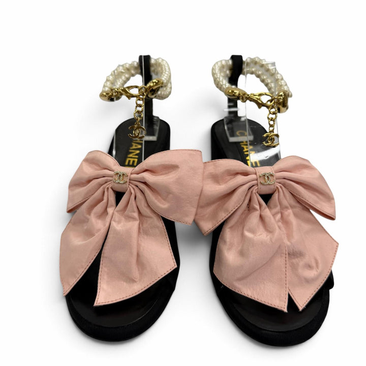 Great CHANEL Sandals COCO Mark Rhinestone Eco Pearl Chain black 35 G45813
