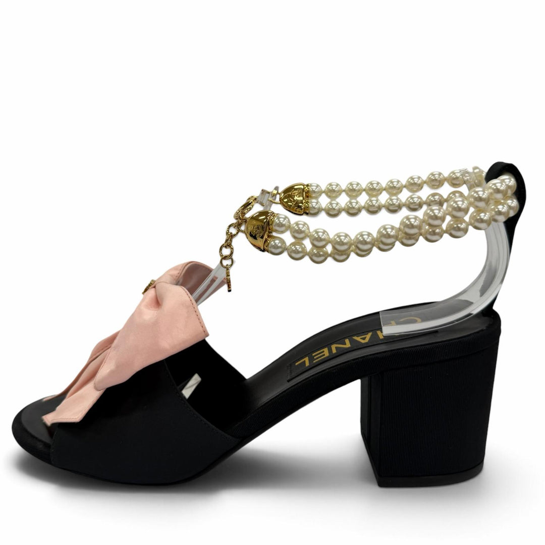 Great CHANEL Sandals COCO Mark Rhinestone Eco Pearl Chain black 35 G45813