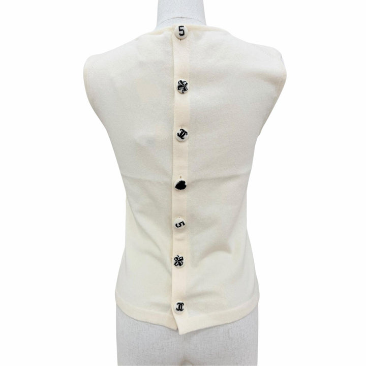 Pristine CHANEL knit COCO Mark Button Sleeveless Ivory cashmere 38 02A P19859