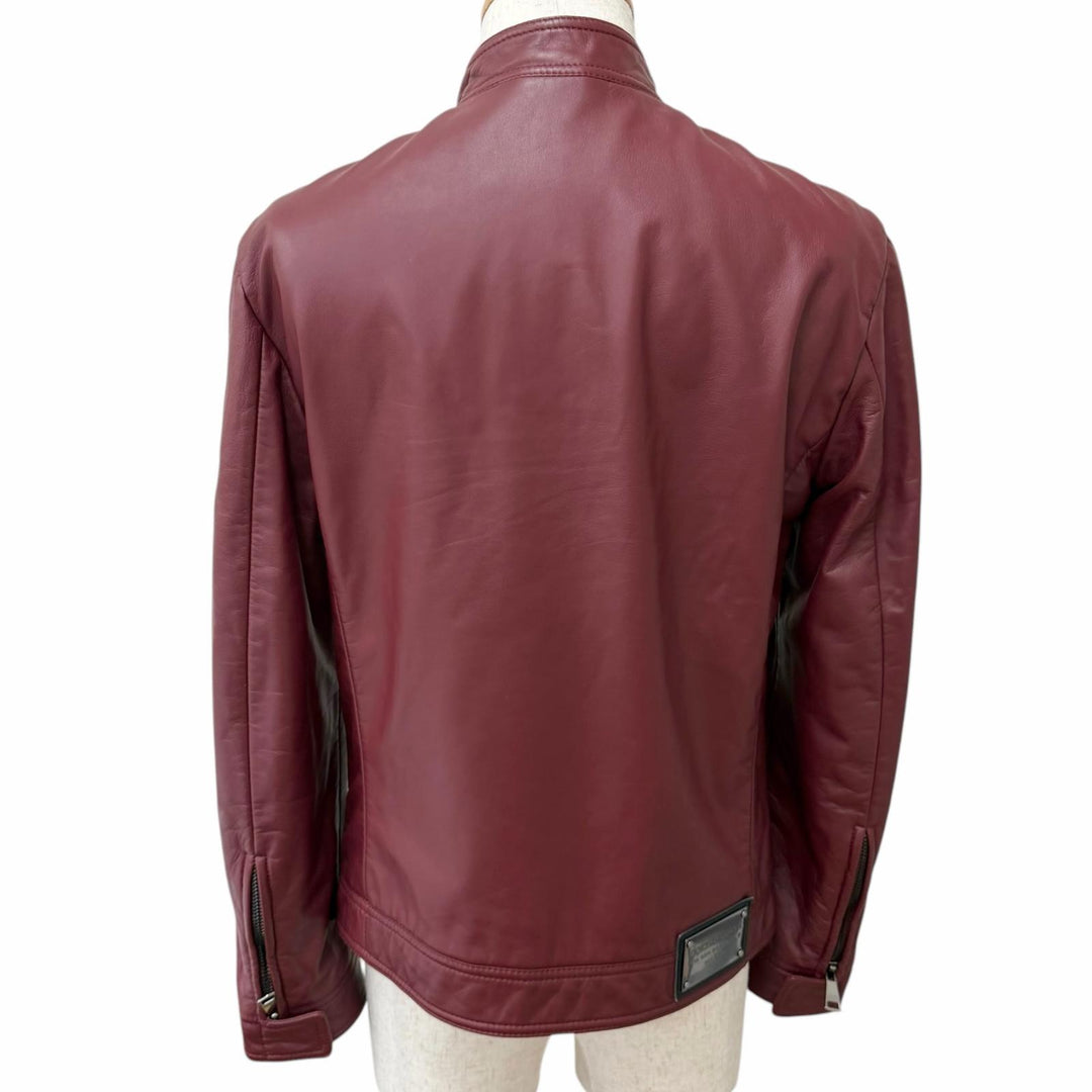 Great DOLCE&GABBANA Leather jacket With logo, stand collar Bordeaux