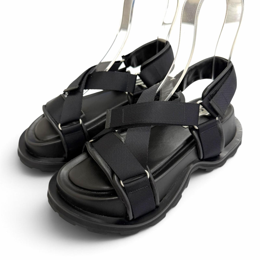 Excellent JIL SANDER Cross-strap leather platform shoes black IT 36 J44WP0002