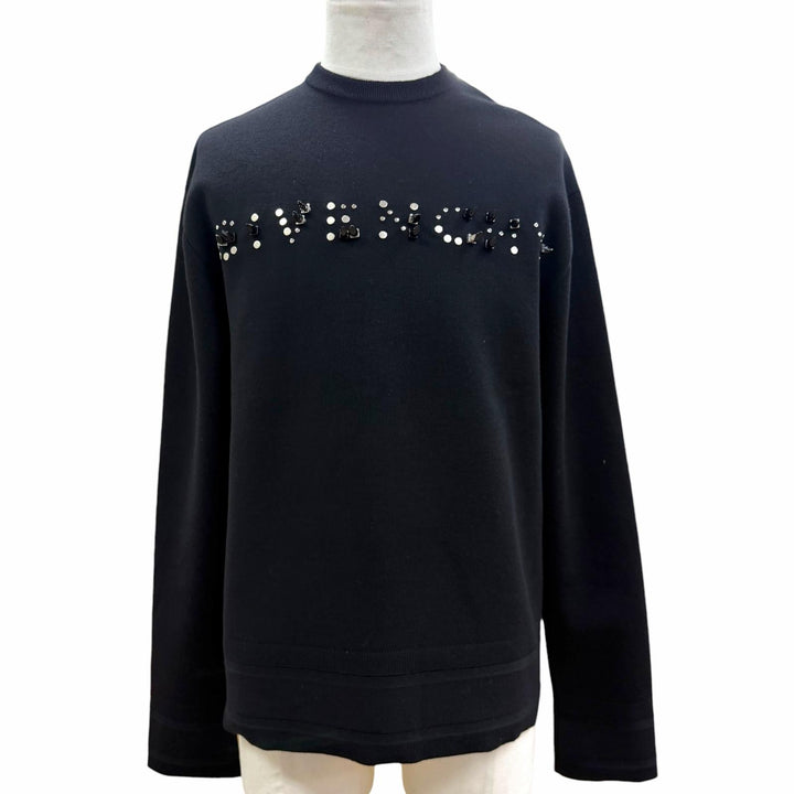 Excellent GIVENCHY sweater Studded Logo Crew Neck Knit black wool S BM90GX4Y54