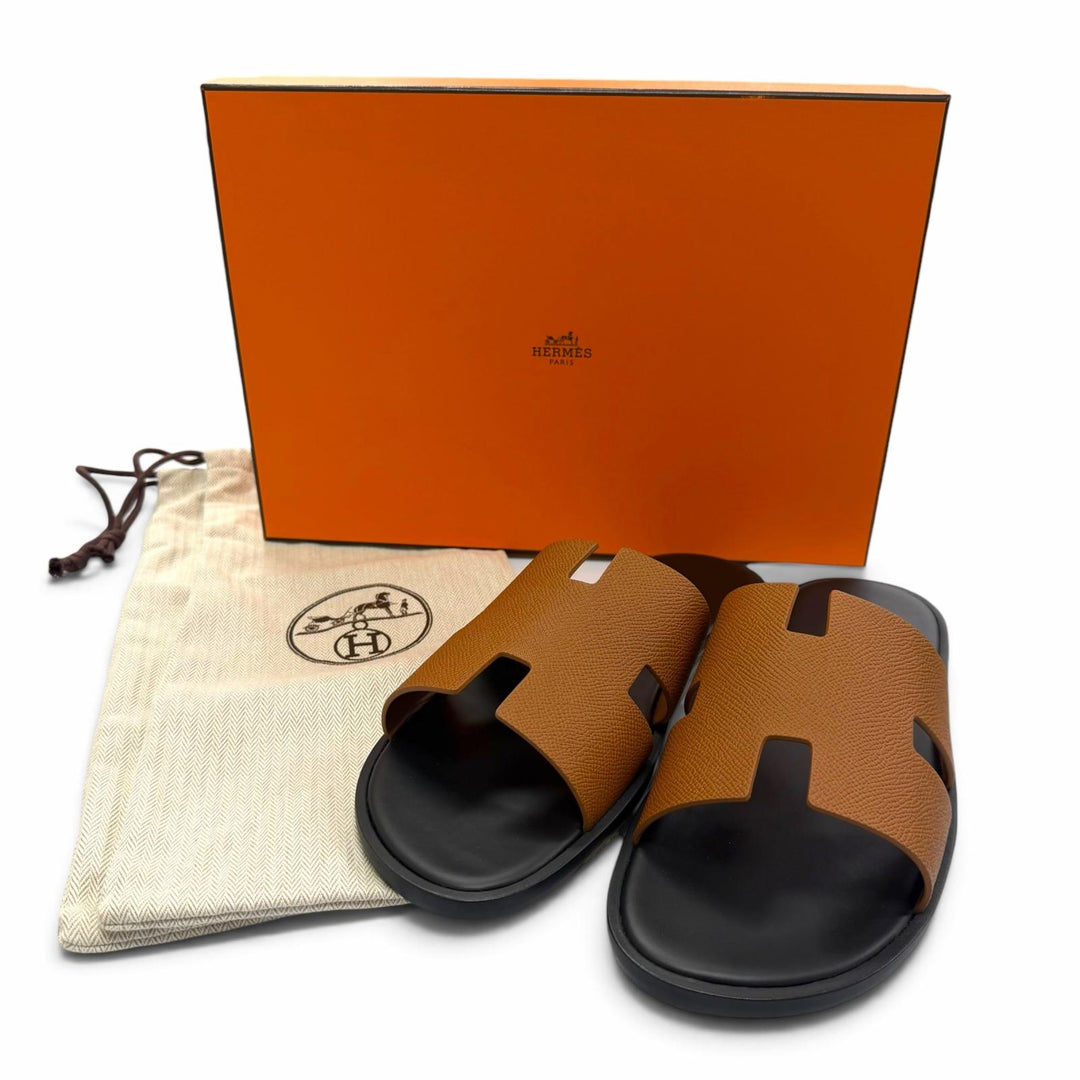 Pristine HERMES Sandals Izmir Heritage gold Epsom Leather mens IT 42