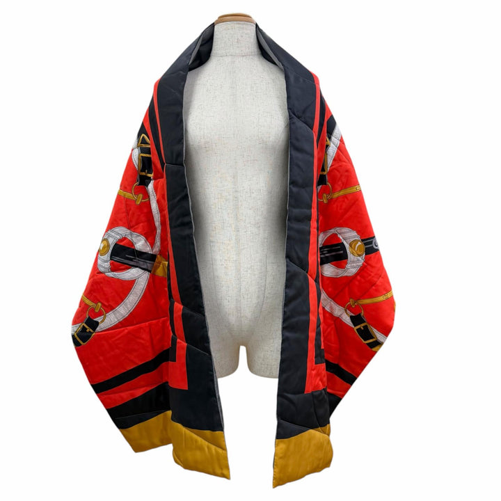 Excellent HERMES Stall Eperon d'or golden spurs Padded quilted shawl Multi silk