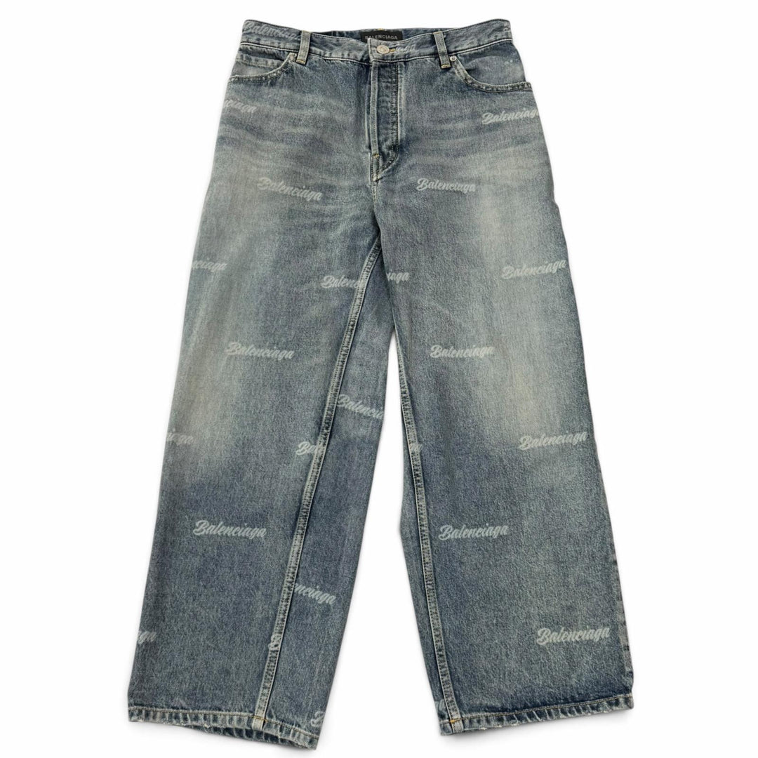 Great BALENCIAGA Denim pants Distressed finish, all-over logo prin. 28 745094