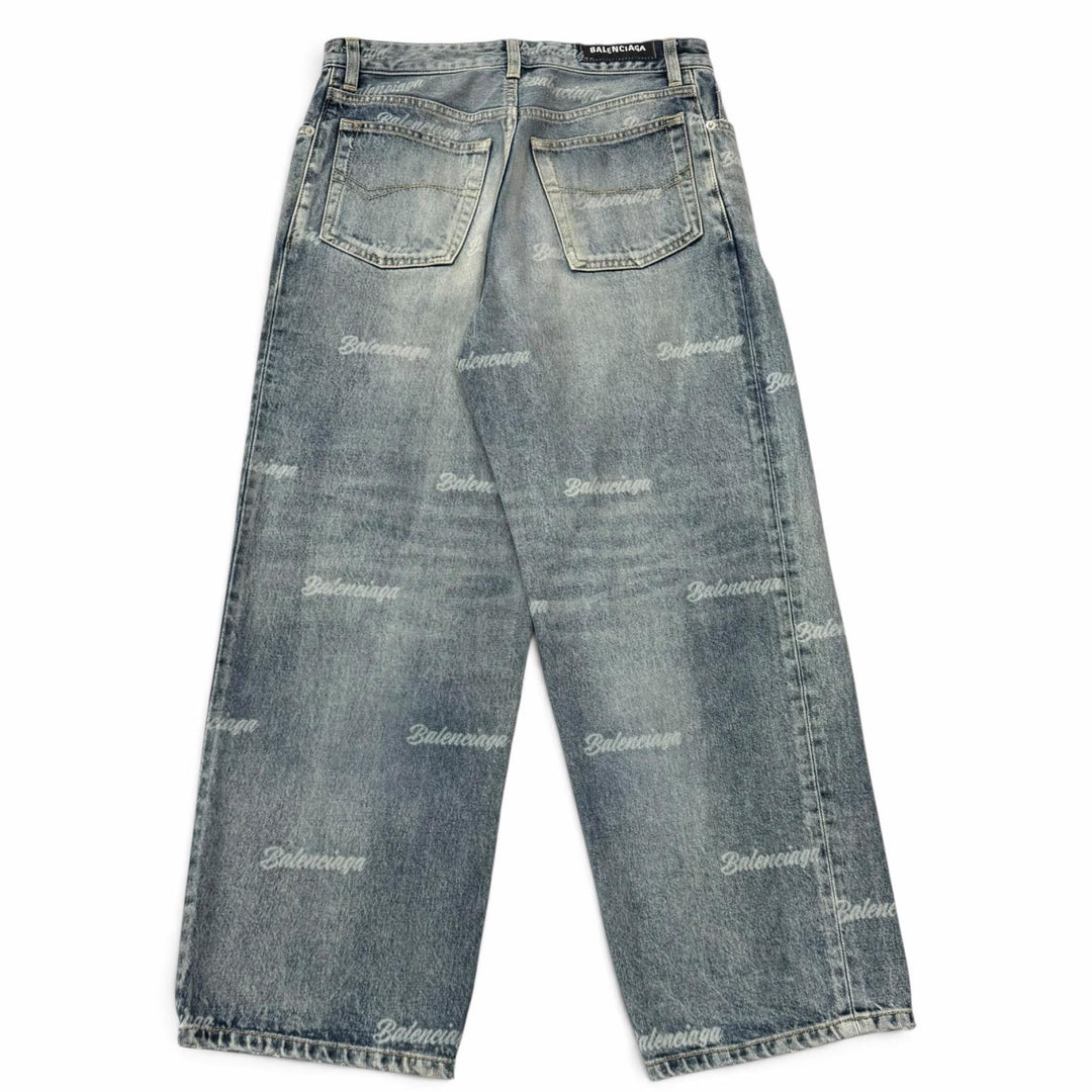 Great BALENCIAGA Denim pants Distressed finish, all-over logo prin. 28 745094