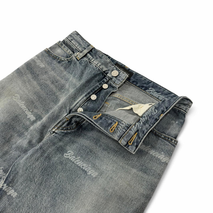 Great BALENCIAGA Denim pants Distressed finish, all-over logo prin. 28 745094