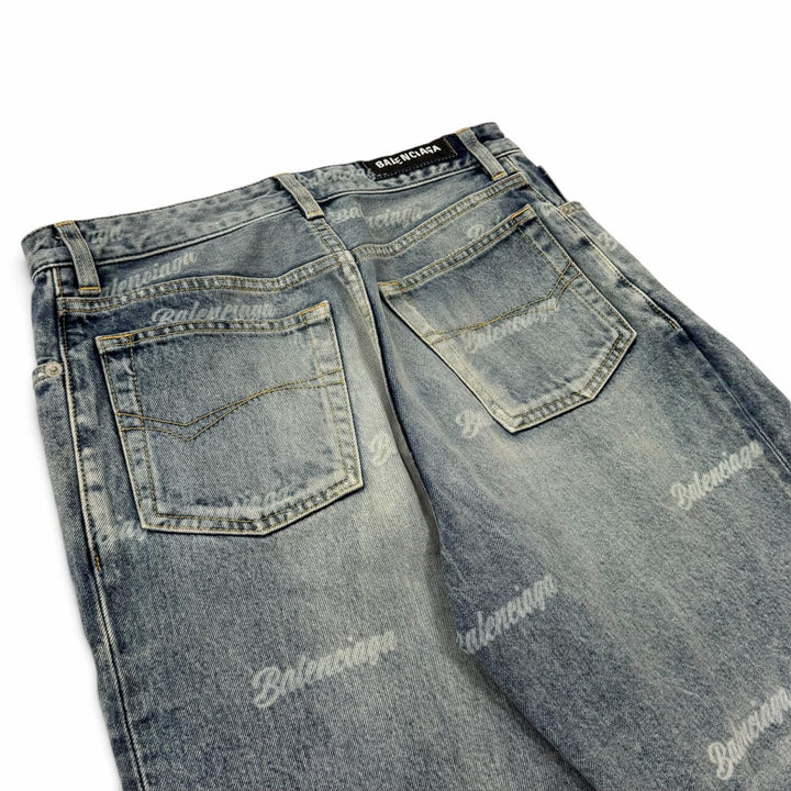 Great BALENCIAGA Denim pants Distressed finish, all-over logo prin. 28 745094