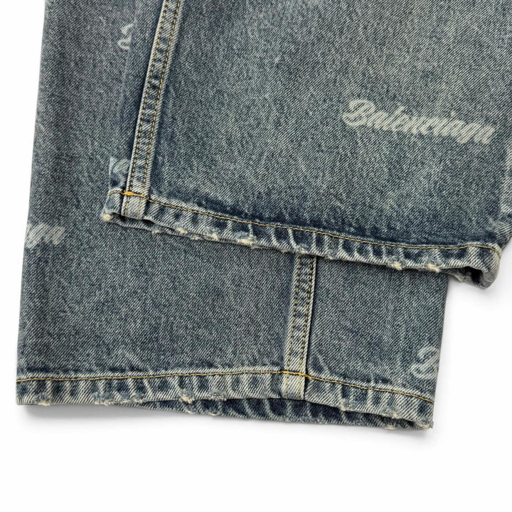 Great BALENCIAGA Denim pants Distressed finish, all-over logo prin. 28 745094