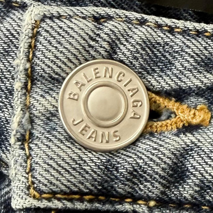 Great BALENCIAGA Denim pants Distressed finish, all-over logo prin. 28 745094