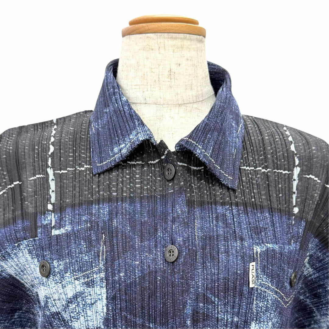 Excellent PLEATS PLEASE Long sleeve shirt Denim transfer print 3 PP21-JD711