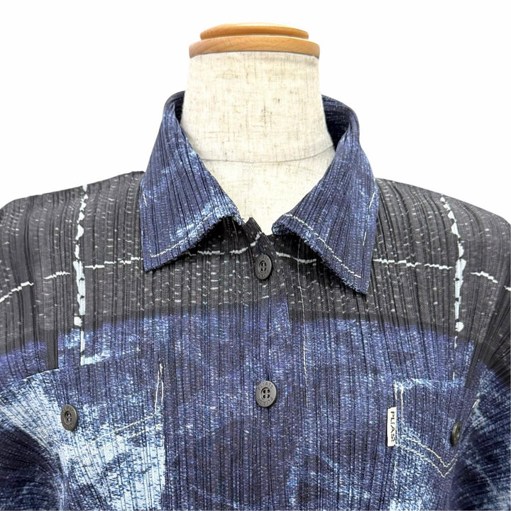 Excellent PLEATS PLEASE Long sleeve shirt Denim transfer print 3 PP21-JD711