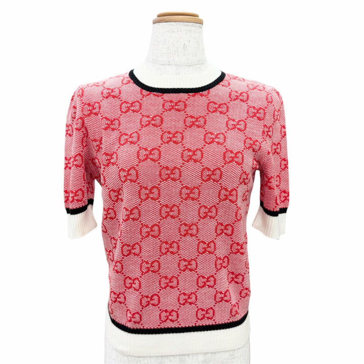 Pristine GUCCI Short sleeve knit GG Monogram All-Over Print Red wool XS 574164