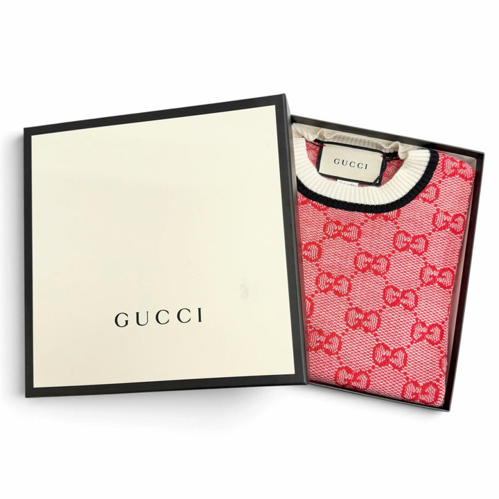 Pristine GUCCI Short sleeve knit GG Monogram All-Over Print Red wool XS 574164