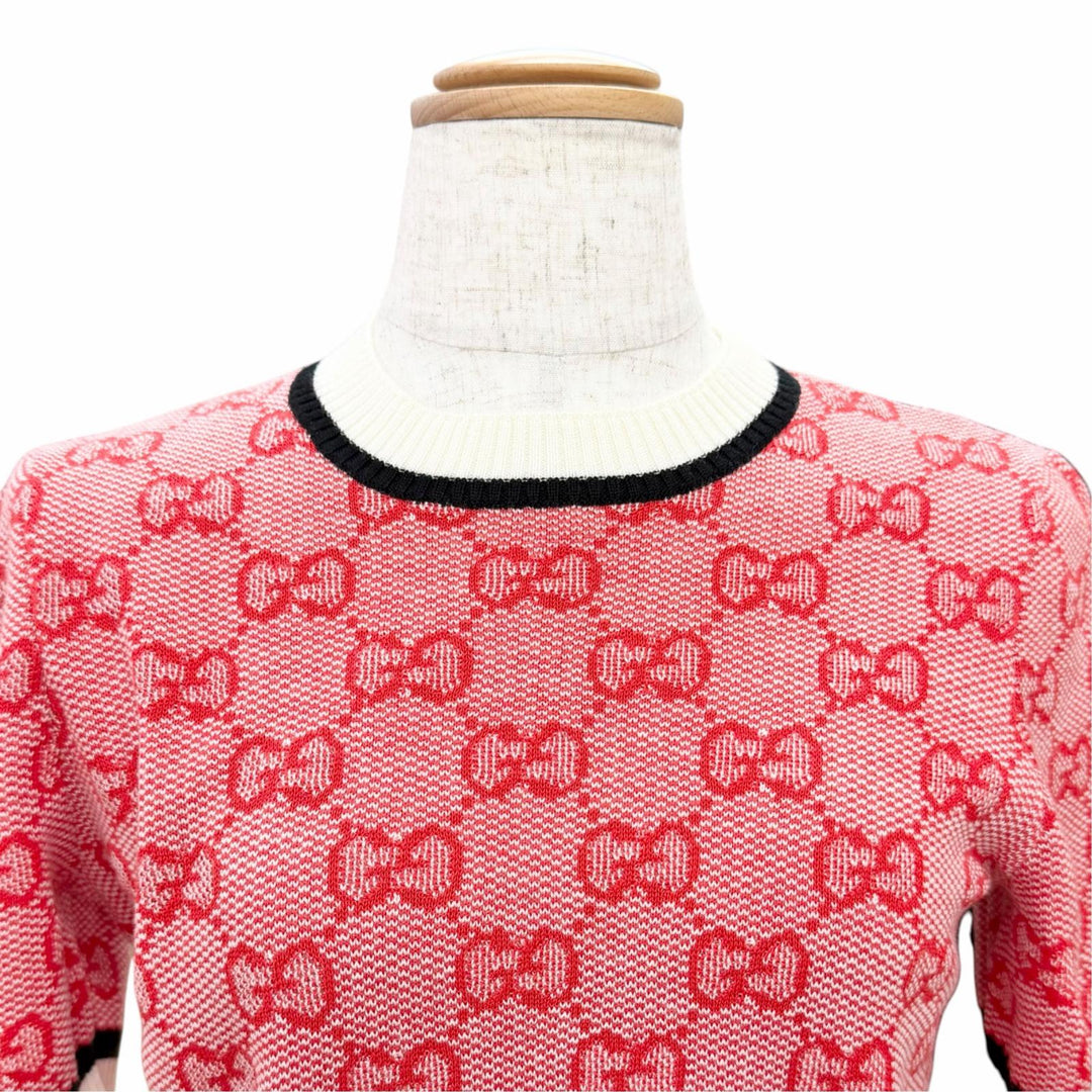 Pristine GUCCI Short sleeve knit GG Monogram All-Over Print Red wool XS 574164