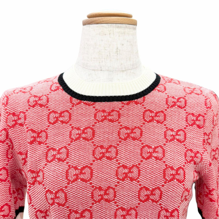 Pristine GUCCI Short sleeve knit GG Monogram All-Over Print Red wool XS 574164