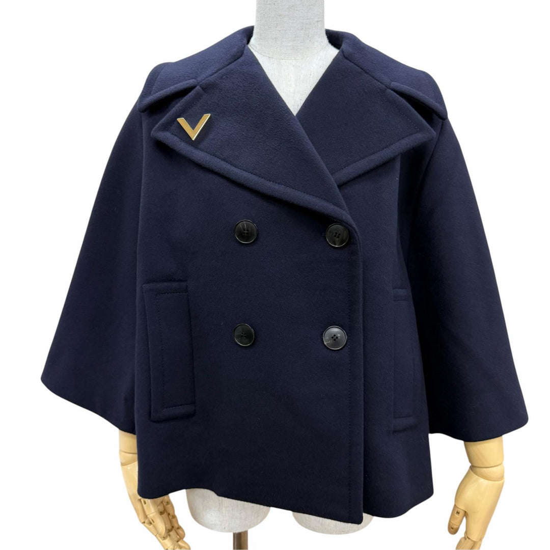 Excellent VALENTINO coat V Logo Metal Short Length Navy wool Women IT 38