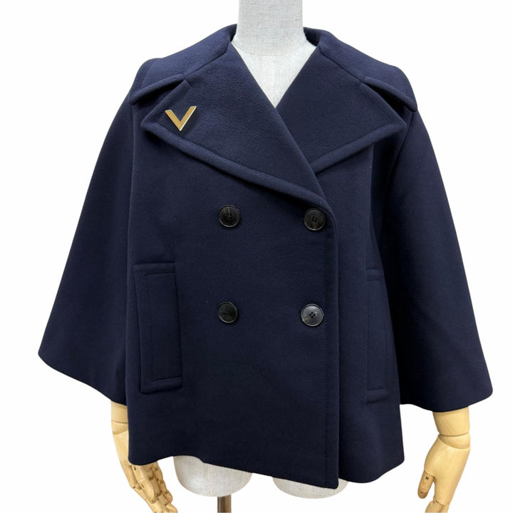 Excellent VALENTINO coat V Logo Metal Short Length Navy wool Women IT 38
