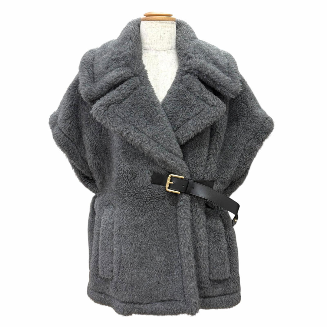Excellent Max Mara Teddy bear Leather belt detail cape coat poncho 24247363126