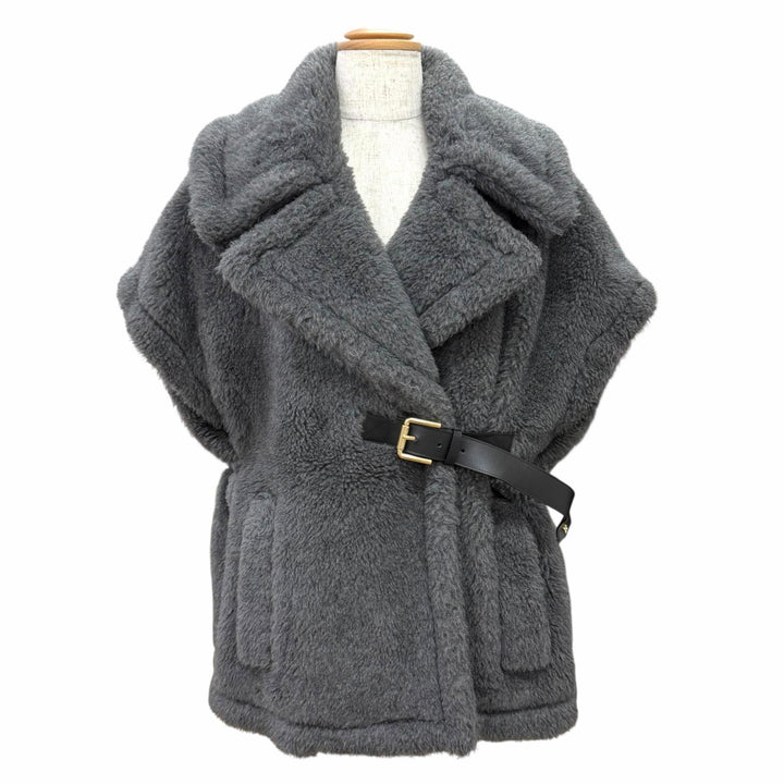 Excellent Max Mara Teddy bear Leather belt detail cape coat poncho 24247363126