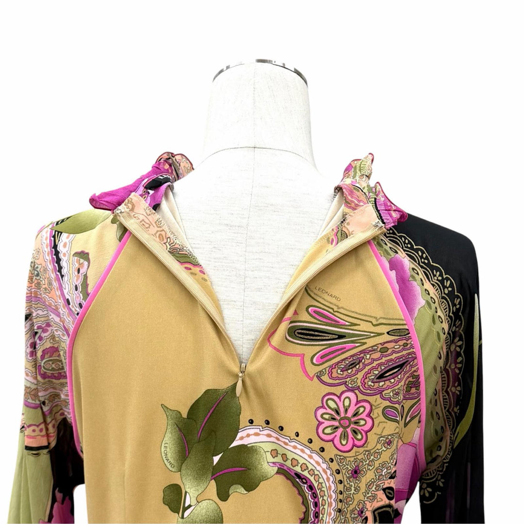 Excellent LEONARD FASHION one piece Floral print, silk chiffon sleeves acetate L
