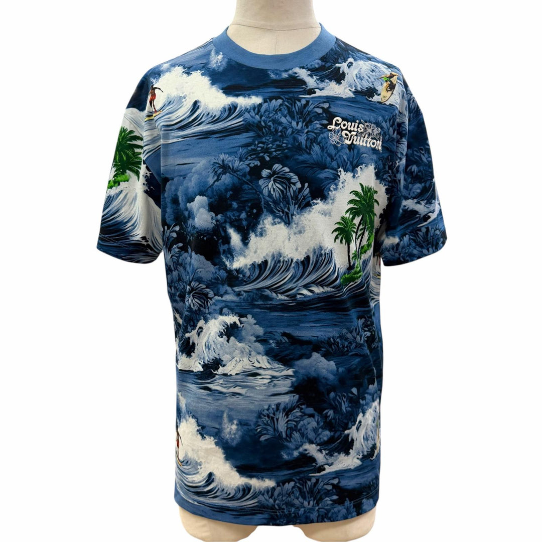 Excellent LOUIS VUITTON Short sleeve T-shirt Surf print logo embroidery blue S