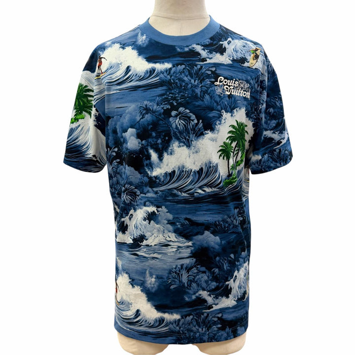 Excellent LOUIS VUITTON Short sleeve T-shirt Surf print logo embroidery blue S