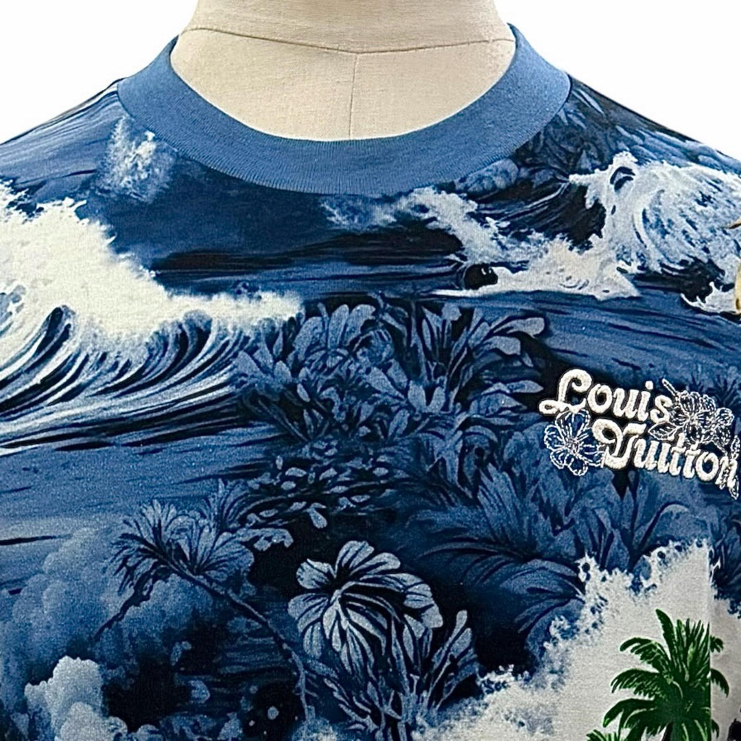 Excellent LOUIS VUITTON Short sleeve T-shirt Surf print logo embroidery blue S