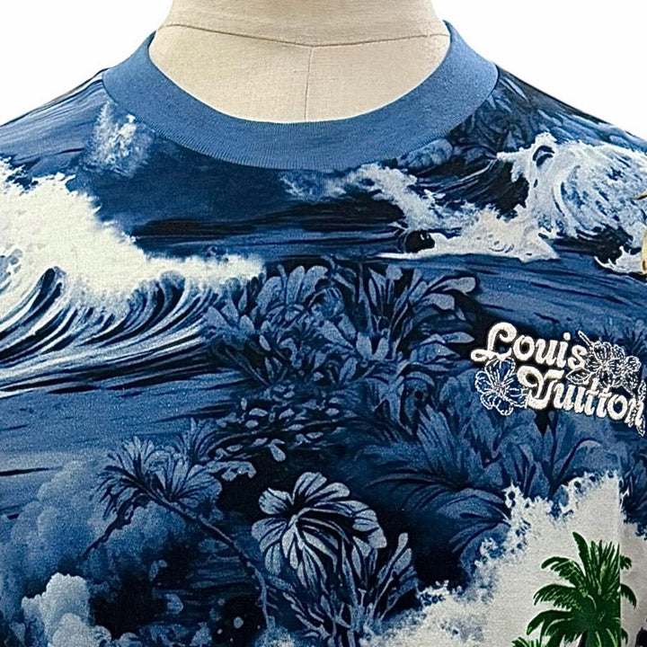 Excellent LOUIS VUITTON Short sleeve T-shirt Surf print logo embroidery blue S