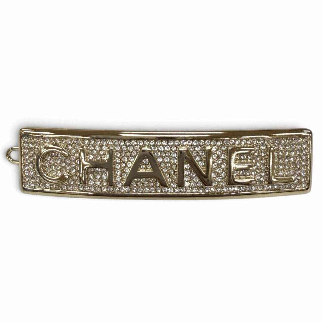Excellent CHANEL hair accessory Logo design rhinestone hairpin gold Women B21C