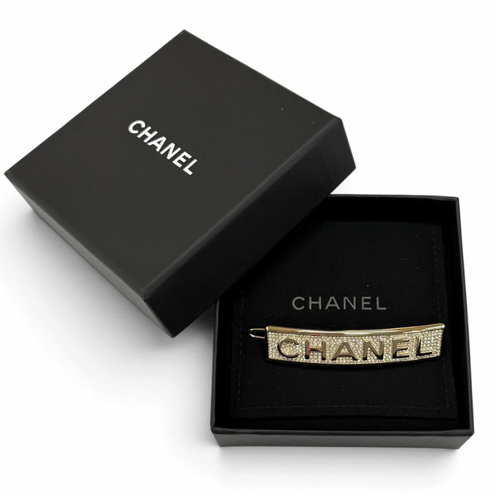 Excellent CHANEL hair accessory Logo design rhinestone hairpin gold Women B21C