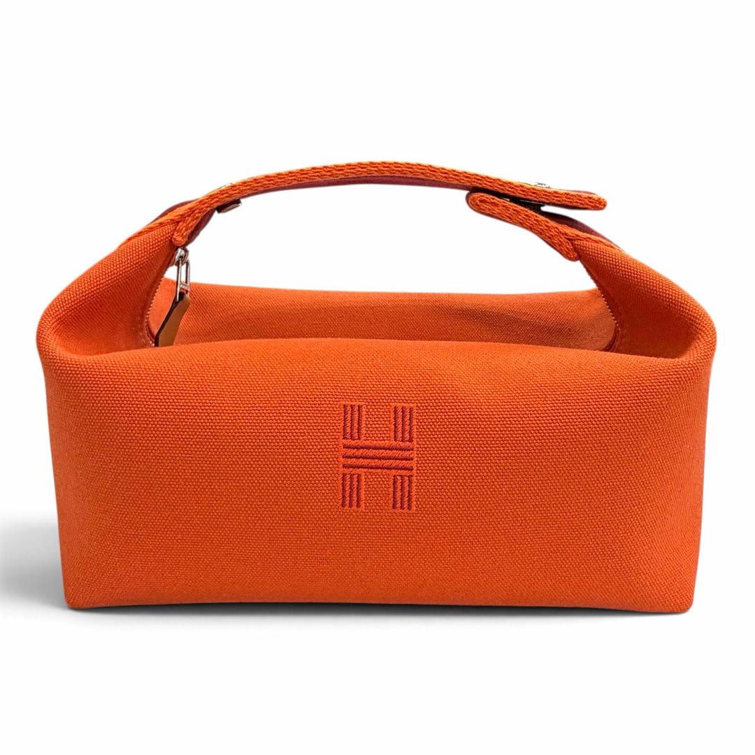 Excellent HERMES Handbag Brid A Black PM Sellier Button Pouch Vanity Bag Orange